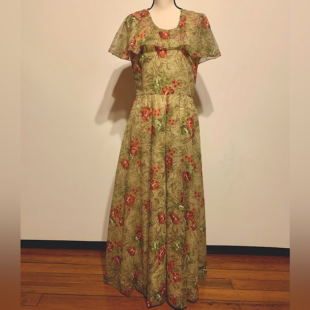 Vintage Handmade Long Floral Dress with flutter top/sleeves.